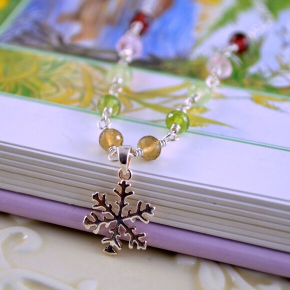 Snowflake Necklace with Christmas Gemstones in Sterling Silver - Picture 3 of 5